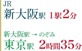 JR新大阪駅 １駅2分 新大阪駅 → のぞみ東京駅  2時間35分